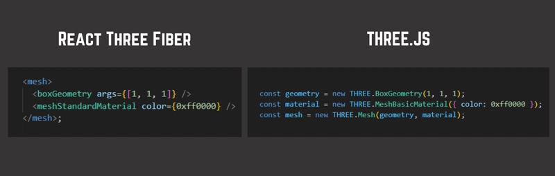 React Three Fiber vs vanilla Three.js comparison for interactive 3D web development showing R3F component pattern and vanilla scene setup used by an independent threejs developer for hire